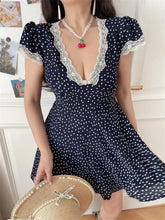 Ingvn Chenopod Spring Summer Lace V-neck Bubble Sleeve Polka Dot Waist-cinching Holiday Dress Short A-line Skirt French Style Polye...