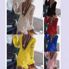 Ingvn Summer Women's Clothing Sheer Lace V Neck Long Sleeve Beach Cover Up Dress For Woman Polyester Boho Tunic With Puff Sleeves