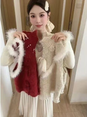 Ingvn - Women's Autumn Niche Tweed Faux Fur Patchwork Layering Knit Vest Elegant Chic Coquette Trendy Top Warm Vintage Knit Vest