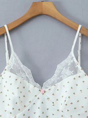 Ingvn White Cozy Homewear Lace Trim Polka Dot Mini Slip Dress for Women Slim Satin Fabric Nightgown for Pajama Parties