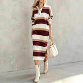 Ingvn - Women's Striped Knit Midi Dress Polo Collar Long Sleeve Button Color Block Loose Casual Autumn Winter Ladies Sweater Dresses