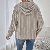 Ingvn - Women's Striped Ribbed Hooded Blouse Half Button Loose Long Sleeve Casual Daily Wear Pullover Top