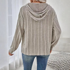 Ingvn - Women's Striped Ribbed Hooded Blouse Half Button Loose Long Sleeve Casual Daily Wear Pullover Top