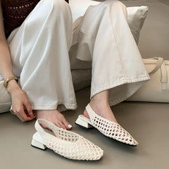 Ingvn New Women Hollow Out Woven Mary Jane Low Heels Breathable Mesh Slip on Casual Summer Beach Women Shoes