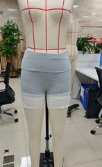 Ingvn Womens Slim Fit Elastic High Rise Foldover Waist Bottoms with Wide Floral Lace Trim Patchwork Athletic Yoga Shorts