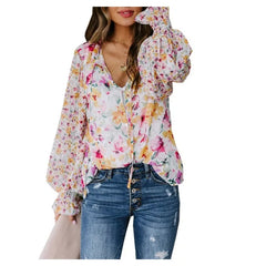 Ingvn - Women's Summer Floral Print V Neck Long Sleeve Blouse Ruffle Cuff Button Down Casual Loose Chiffon Shirt