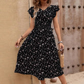 Ingvn Fashionable Elegant Women V Neck Waist Tie Flutter Sleeve Printed Dress