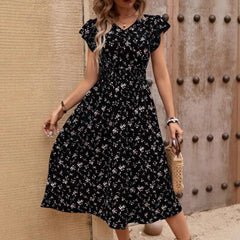 Ingvn Fashionable Elegant Women V Neck Waist Tie Flutter Sleeve Printed Dress