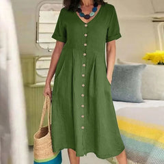 Ingvn Spring Summer New Solid Color Loose High Waist Cotton Linen Dress