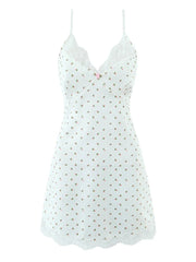 Ingvn White Cozy Homewear Lace Trim Polka Dot Mini Slip Dress for Women Slim Satin Fabric Nightgown for Pajama Parties