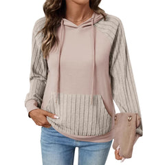 Ingvn - Women Early Autumn New Style Pocket Pullover Hooded Patchwork Thin Hoodie Casual Versatile Pullover Long Sleeve Top