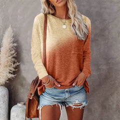 Ingvn - Women Autumn Winter Gradient Tie Dye Pocket Crew Neck Loose Long Sleeve Casual T Shirts