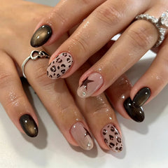 Ingvn 24Pcs Autumn Polka Dot French Press on Nails Solid Color Brown Grid Pattern Design Fake Nail Tips Short Wearable Almond Nail Art