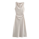 Ingvn Autumn Satin Texture Sleeveless Midi Dress Round Neck Fashion Evening Dress