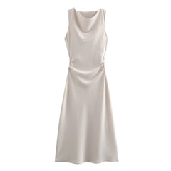 Ingvn Autumn Satin Texture Sleeveless Midi Dress Round Neck Fashion Evening Dress