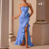 Ingvn French Style Elegant Celebrity Sexy Evening Dress Strapless Sleeveless 3D Flower High Waist Split Irregular Long Dresses Women