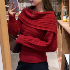 Ingvn - Autumn/Winter Fashion New Korean Warm Thick Design Sweater Single Shoulder Knitted Sweater Elegant Loose Hoodie Jumper