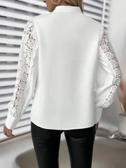 Ingvn Women's White Lace Patchwork Blouse | V-Neck Choker Design Long Sleeve Elegant Office Top