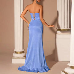 Ingvn French Style Elegant Celebrity Sexy Evening Dress Strapless Sleeveless 3D Flower High Waist Split Irregular Long Dresses Women