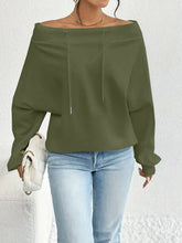 Ingvn - Women's Royal Blue Off-the-shoulder Boat Neck Sweatshirt Long Sleeve Drawstring Design Casual Fashion Loose Pullover
