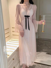 Ingvn Retro Chinese Style Soft Pink Ethereal Nightgown with Lace Knot Home Use Vest Pad Included V-Neck Midi Skirt