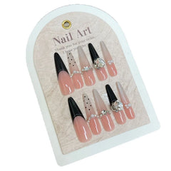 Ingvn 24pcs Nude Cat Eye Dot Black Fake Nails Rhinestone Artificial Stick-on Nails Cheap Extra Long French Press on Nails for Girls