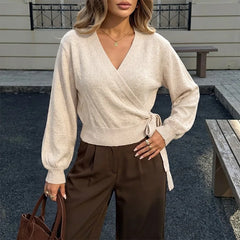 Ingvn - Women Wrap V Neck Knit Sweater Solid Color Tie Side Long Sleeve Lantern Sleeve Pullover