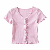 Ingvn Vintage Sexy V Neck Wood ears Ruffles Tee Cool Girl's Single-breasted Buttons Short Sleeve Short T-shirt crop top 8 colors