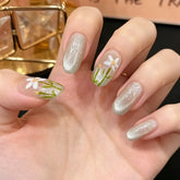 Ingvn 24Pcs Ins Simple French Full Cover Fake Nail Tips Almond Green Cat's Eye Press on False Nails Fashion Leaves Nails Set Wearable