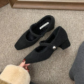 Ingvn Autumn Winter New Korean Version French Light Luxury Retro Niche Design High-heeled Square Plush Single Shoes Women's Shoes