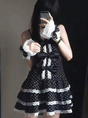 Ingvn Black Vintage Lolita Dress Women Gothic Y2K Sleeveless Lace Slim Dress Spicy Girl Elegant Daily Streetwear