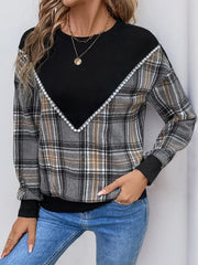 Ingvn - Women Round Neck Plaid Color Block Sweatshirt Lace Trim Long Sleeve Casual Pullover Top