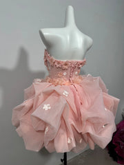 Ingvn Spring Elegant Princess Pink Birthday Party Dress Sleeveless Strapless Beaded Embroidery Sweet Puffy Short Dress for Women