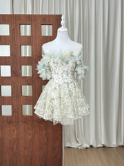 Ingvn French Elegant Sweet Celebrity 3D Flower Off-Shoulder Lace Embroidery High Waist Slim A-line Fashion Party Short Dress For Women