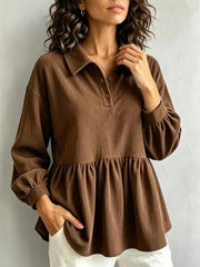 Ingvn - New Fashion Pleated Turn Down Collar Long Sleeve Women Blouse Office Lady Elegant Solid Color Shirts Spring Autumn Woman Tops