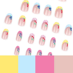 Ingvn 24pcs Women Cute Cartoon Fruit Press on Nails with Tools Beach Short Round Fake Nail for Girls French False Nails with Glue