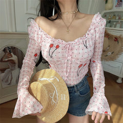 Ingvn Chenopod Original Spring Summer Elastic Lace Bell Sleeve Shirt French Style Slim Fit Polyester Fiber Long Sleeve Breathable S...