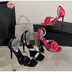 Ingvn Fashion Flowers Rhinestones Square toe Women Gladiator Sandals Sexy Ankle Strap Buckle Thin High heels Summer Party Prom Shoes