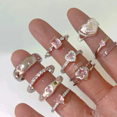 Ingvn Pink Crystal Irregular Heart Rings Creative Zircon Bowknot Opal Love Heart Open Ring Y2K Shiny Rings for Women Party Jewelry
