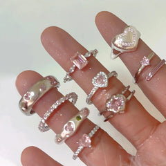 Ingvn Pink Crystal Irregular Heart Rings Creative Zircon Bowknot Opal Love Heart Open Ring Y2K Shiny Rings for Women Party Jewelry