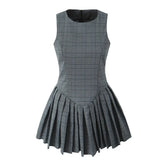 Ingvn Sexy O neck Gray Plaid Print Sleeveless Mini Dress Low Waist Spliced Folded Pleated Swing Women Tank Dresses Short Robe