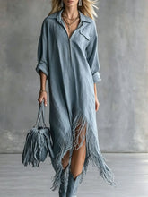 Ingvn - Elegant Loose Tassel Trim Dress Irregular Hemline Vintage Style Women's Fashion Autumn Casual Vacation Dress