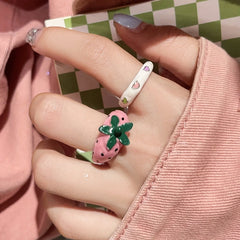 Korean Style Candy Color Enamel Pink Strawberry Heart Charm Rings Metal Chunky Open Adjusting Finger Ring for Women Jewelry