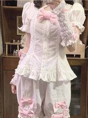 Ingvn Japanese Harajuku Sweet Lolita Short Sleeve Blouse Women Y2K Lace Bow Subcultural Cute Daily Streetwear Outfit