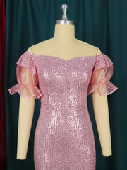 Ingvn Lady Sequin Off Shoulder Prom Dress Backless Ruffle Sleeve Patchwork Pink Glitter Midi Slim Evening Occasion Party Gown Big Size
