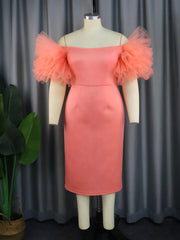 Ingvn Pink Party Dresses Cold Shoulder Tulle Applique Bodycon High Waist Midi Outfits for Women Evening Wedding Event Gowns