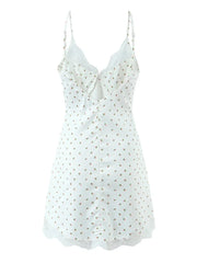 Ingvn White Cozy Homewear Lace Trim Polka Dot Mini Slip Dress for Women Slim Satin Fabric Nightgown for Pajama Parties