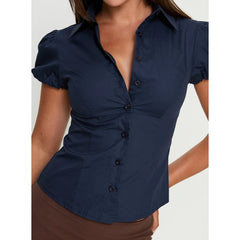 Ingvn Women's Collared Puff Short Sleeve V‑Neck Shirts Button-down Front Ruched Slim Fit Y2K Casual Lapel Cropped Blouses