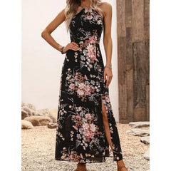 Ingvn Women Floral Print Halter Maxi Dress Sleeveless High Split Summer Beach Sundress