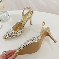 Ingvn Elegant Pointed Toe Slingback Stiletto Sandals Crystal Diamonds Women Pumps High Heels Wedding Prom Shoes Zapatos Mujer